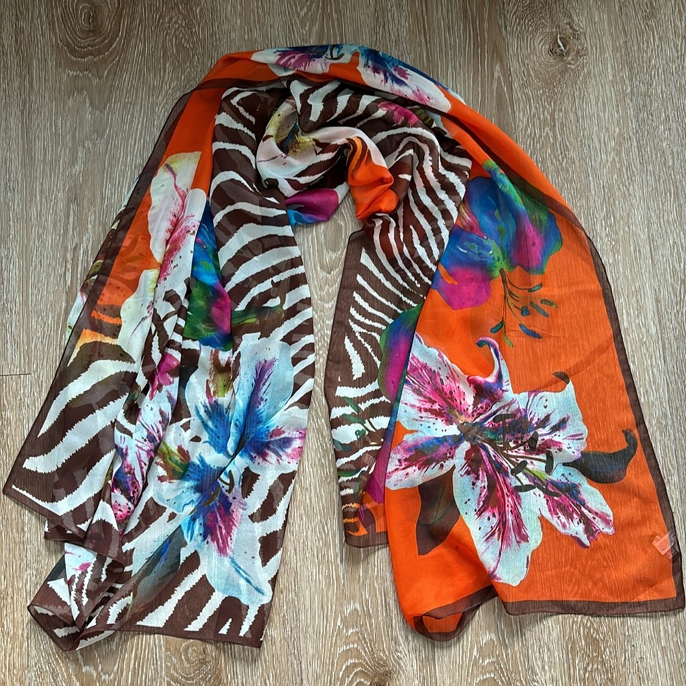 Larioseta Italy tropical orange floral & zebra print scarf/wrap